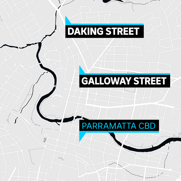 a map showing daking street, galloway street and parramatta cbd