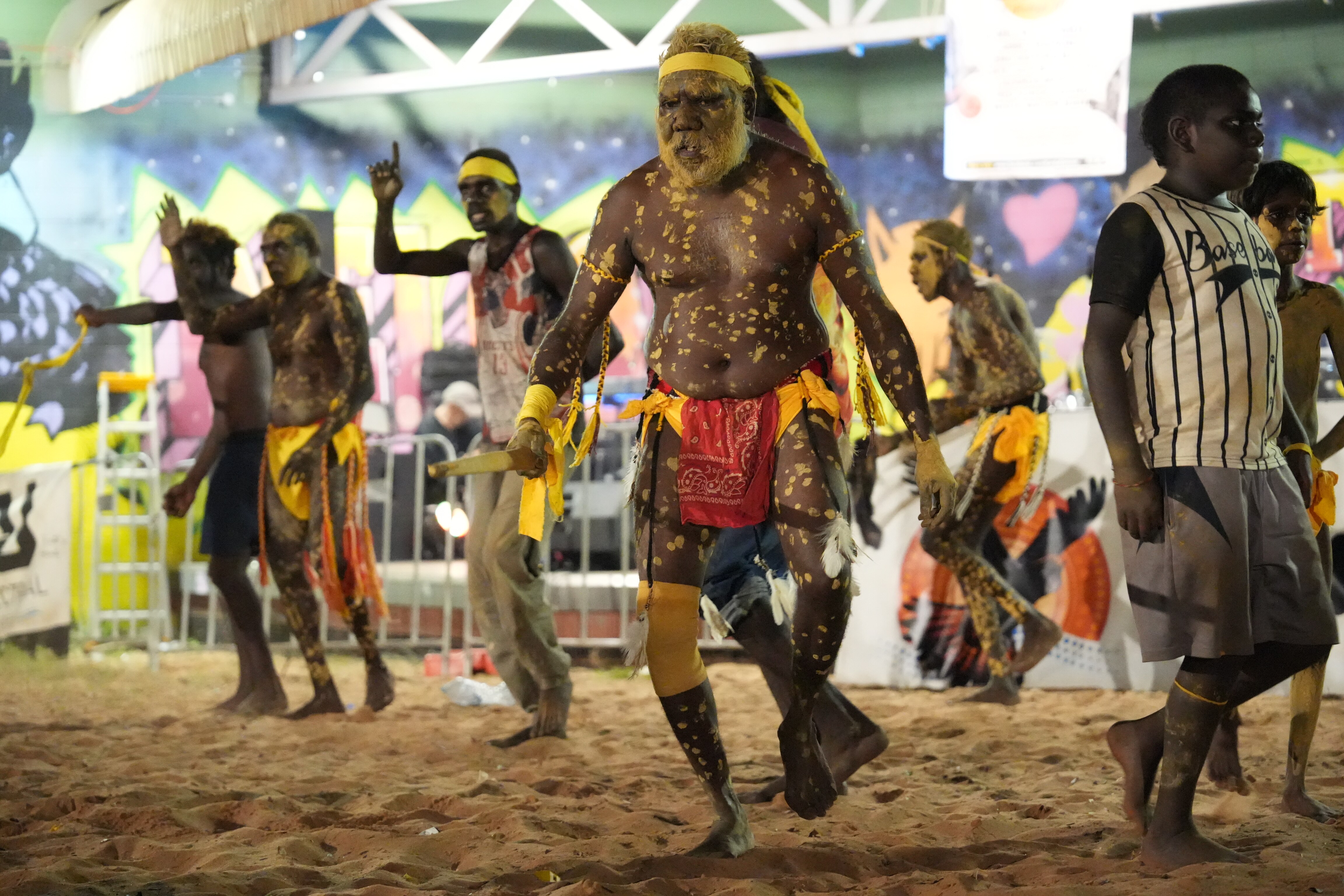 Aboriginal men taking part in a traditional dance.