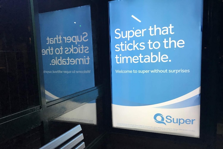 Bus stop advertisement for QSuper saying "Welcome to the super without surprises".