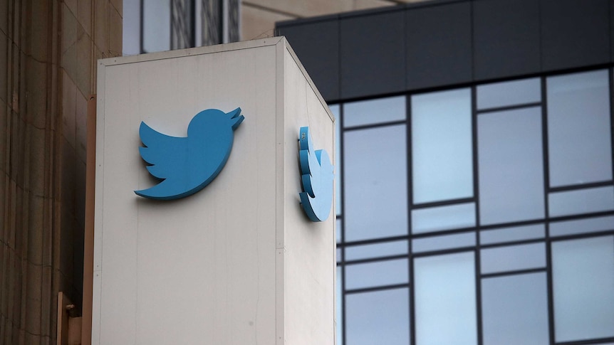 The Twitter bird logo is seen at the company's headquarters in San Francisco, California.