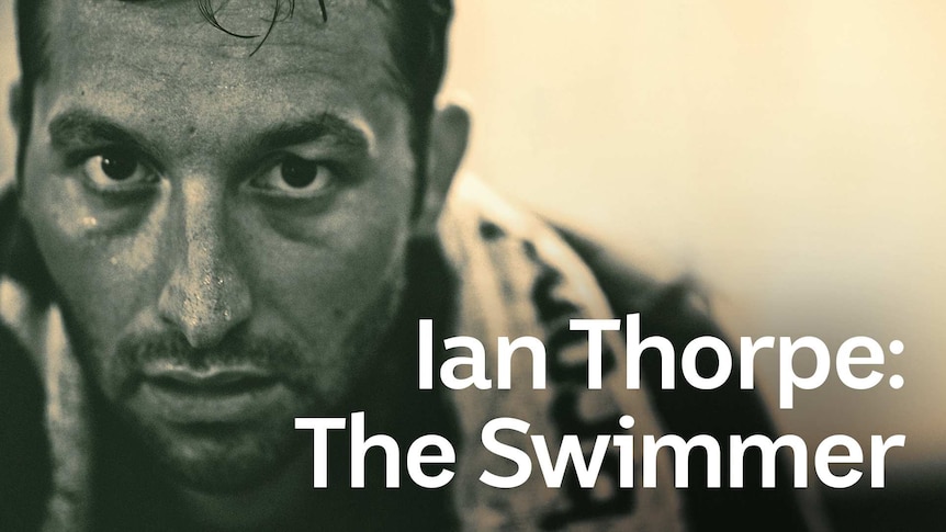 Close up of a black and white photo of Ian Thorpe