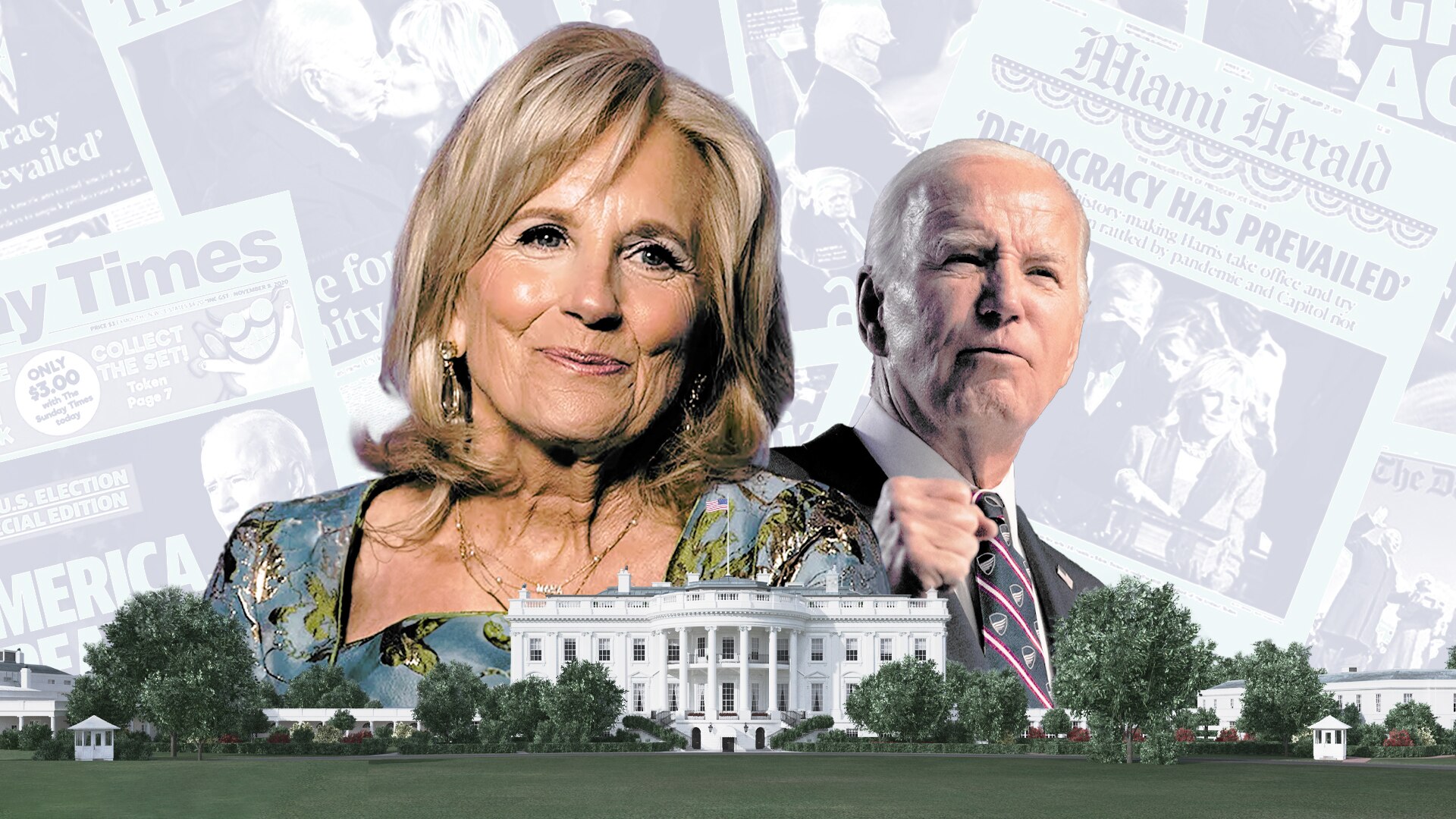 Graphic of Jill Biden and Joe Biden with collage of newspaper headlines and the White House