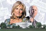 Graphic of Jill Biden and Joe Biden with collage of newspaper headlines and the White House
