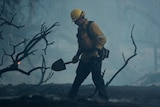 A firefighter works to put out hot spots on a fast moving wind driven wildfire in Orange