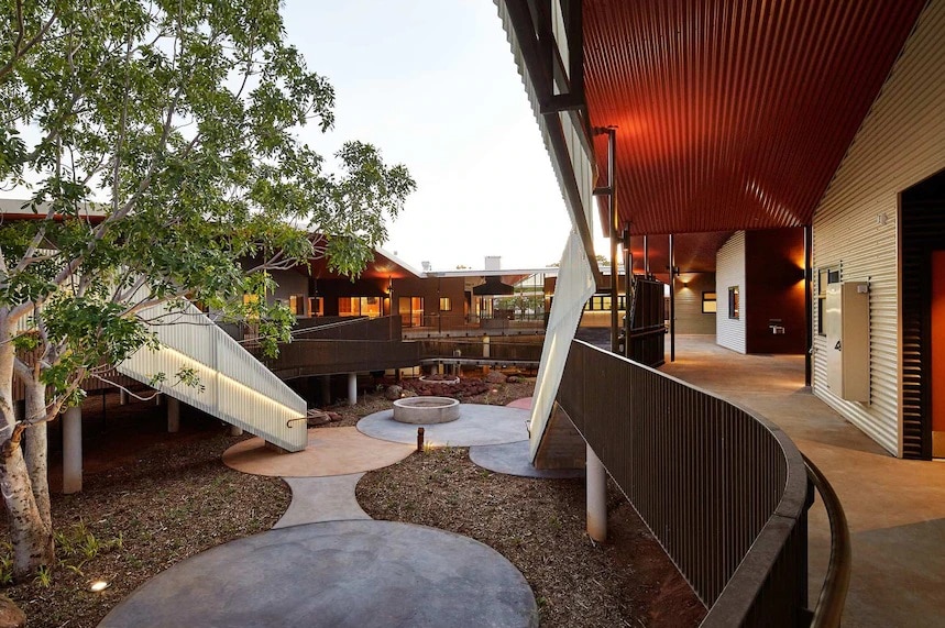 the exterior garden space of a modern aged care facility