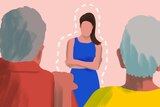 Illustration of adult woman facing her two parents in a story about tips for setting boundaries with parents.