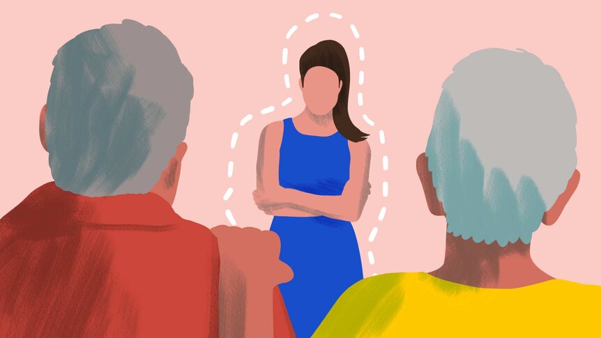 Illustration of adult woman facing her two parents in a story about tips for setting boundaries with parents.