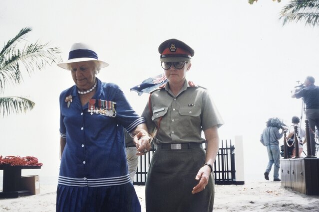 Colonel Coralie Gerrard escorts Vivian Statham (nee Bullwinkel)