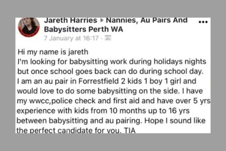 A Facebook ad detailed Jareth Harries-Markham's request for babysitting work.