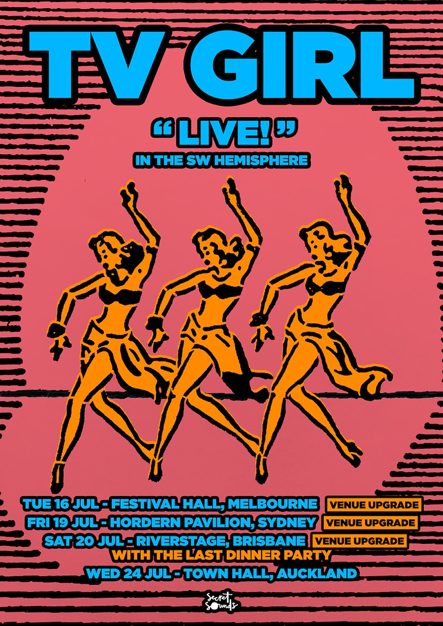 Pink poster for the TV Girl australian tour with three yellow traditional tattoo style girls and blue text