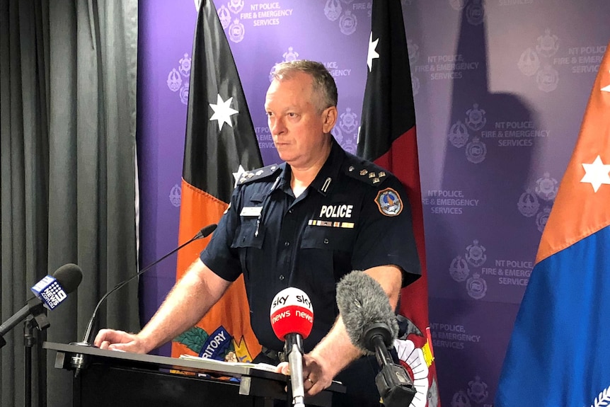 NT Police Commander Matthew Hollamby speaks to the press.