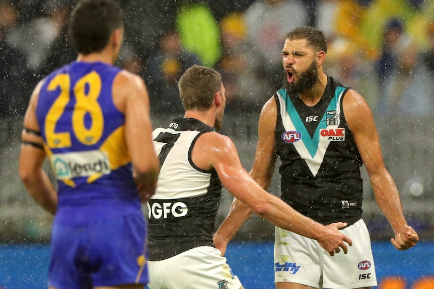 AFL teammates celebrate a goal and an opposing player watches as the rain falls.
