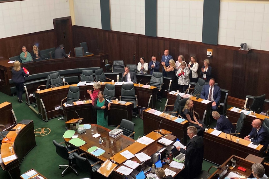 Plan ci-dessus des membres de la Chambre d'assemblée de Tasmanie au Parlement.  Certains applaudissent, d'autres se parlent.