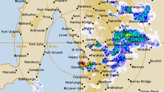 A Bureau of Meteorology radar image showing rainfall and storm activity over parts of Adelaide.