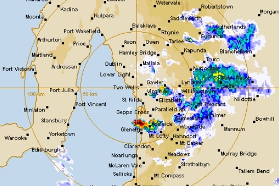 A Bureau of Meteorology radar image showing rainfall and storm activity over parts of Adelaide.