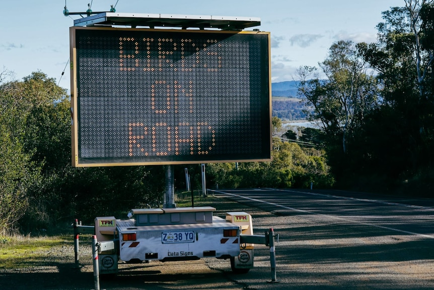 A large electronic sign warns of birds on the road.