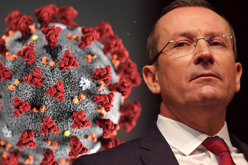 A headshot of Mark McGowan next to a coronavirus molecule.