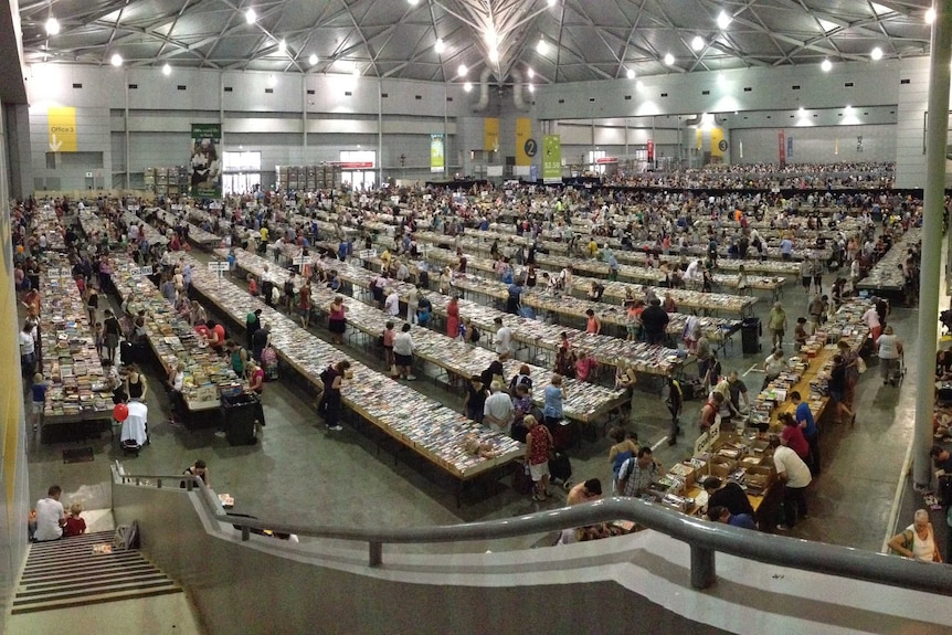 More than a million books are laid out on about four kilometres of tables at the Convention and Exhibition Centre.