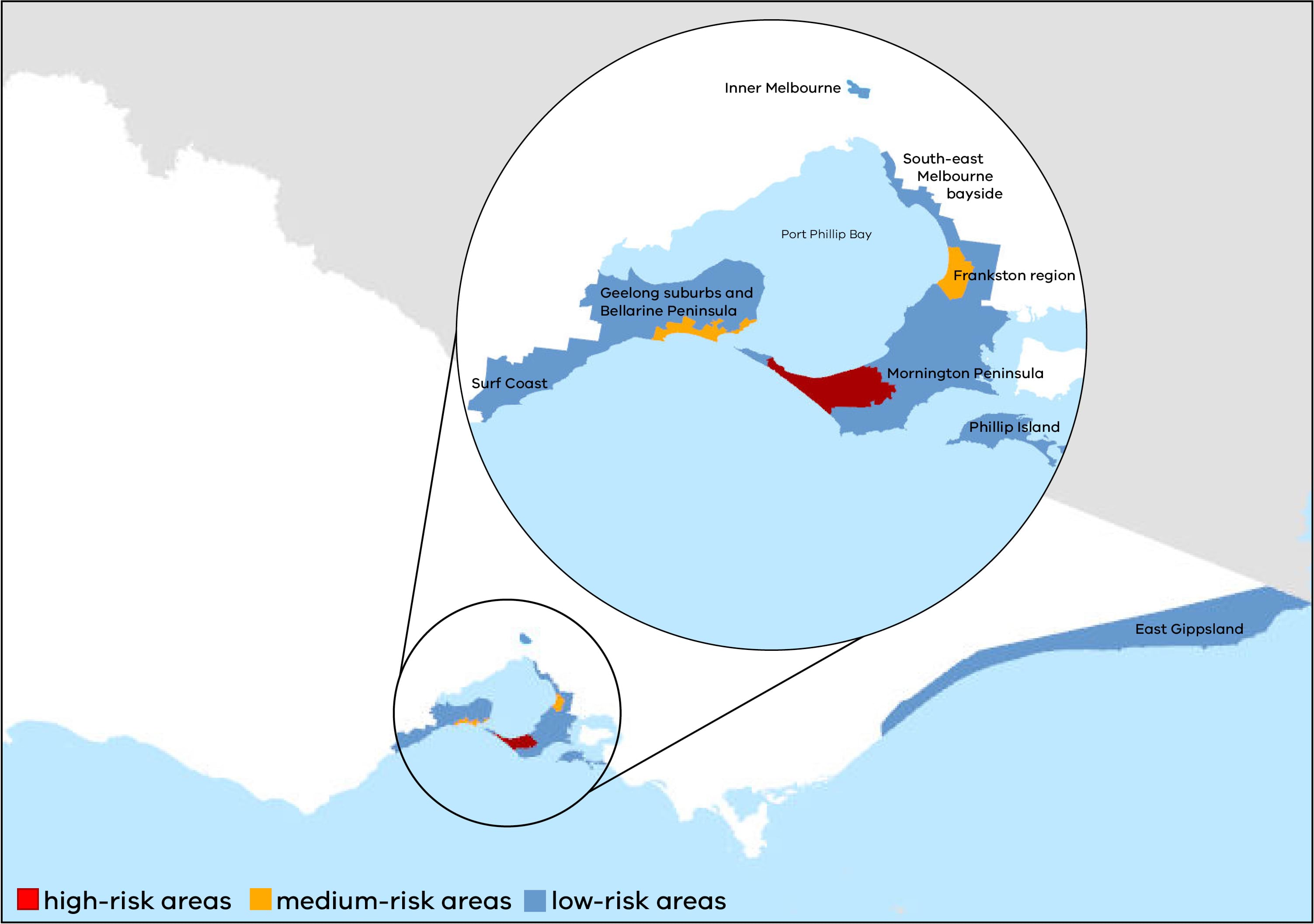 A map of Victoria showing infection sites around the Mornington Peninsula for the Buruli ulcer