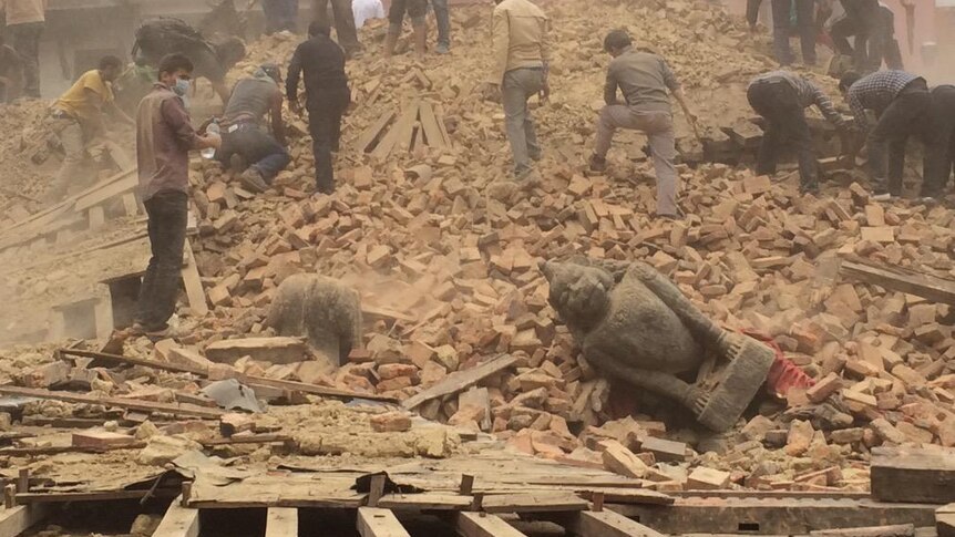 Statues lay among the rubble in the Patan