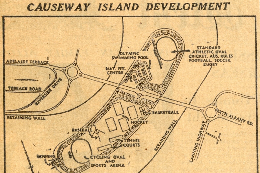 A yellow architectural plan of the island with text and arrows pointing to sporting venues. 