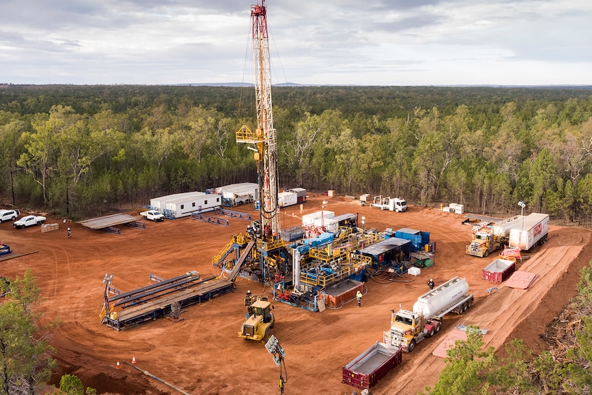 A drilling rig in a clearing 