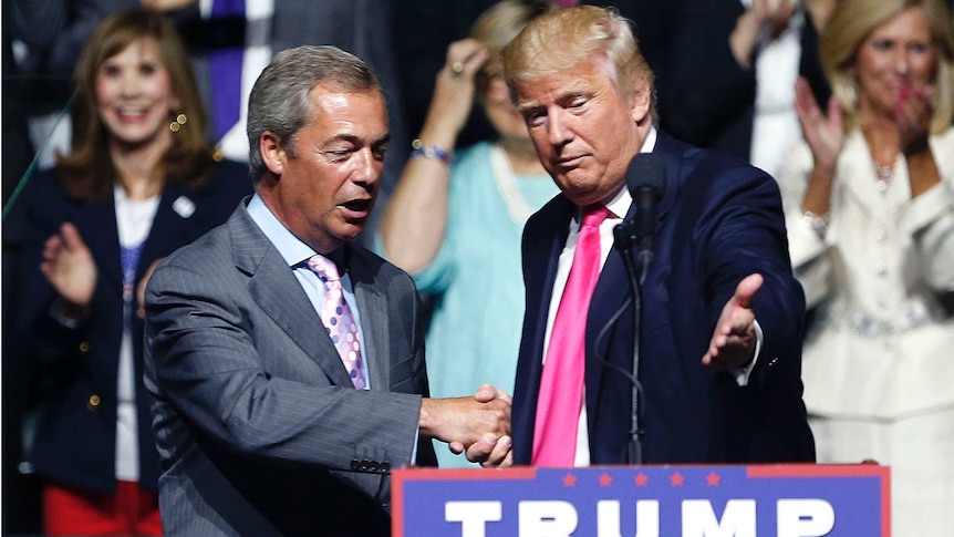 Donald Trump on stage with UKIP leader Nigel Farage
