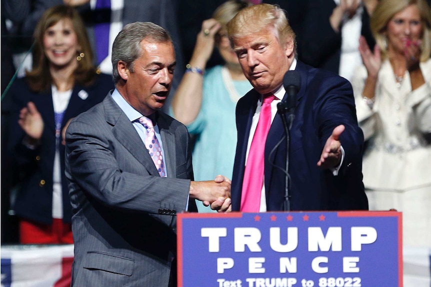 Donald Trump on stage with UKIP leader Nigel Farage