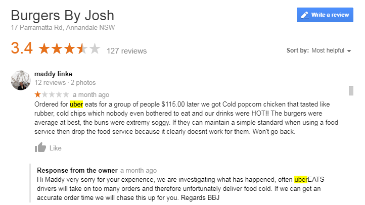 An unhappy customer leaves a negative review about Uber Eats, but gives Burgers by Josh a one-star review.