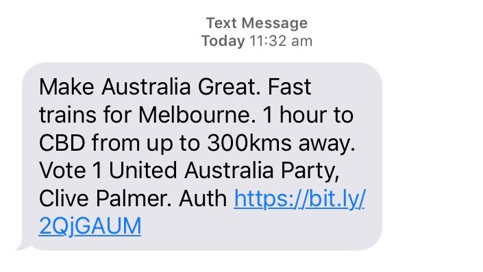 An unsolicited text message from Clive Palmer's United Australia Party