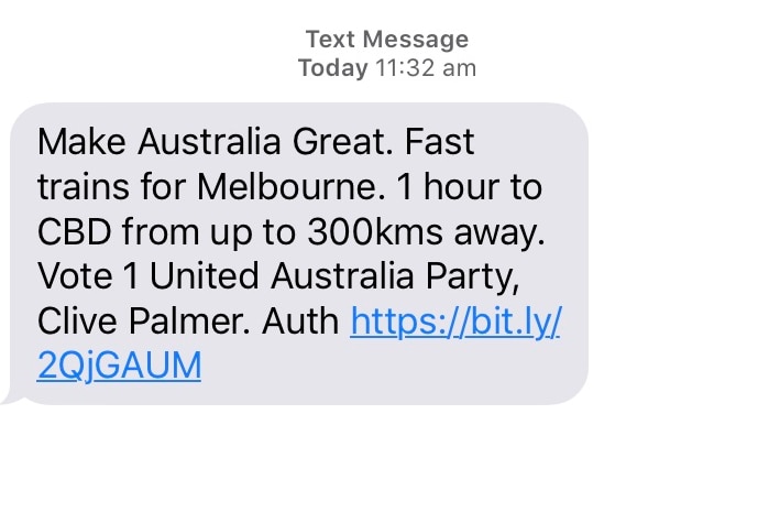 An unsolicited text message from Clive Palmer's United Australia Party