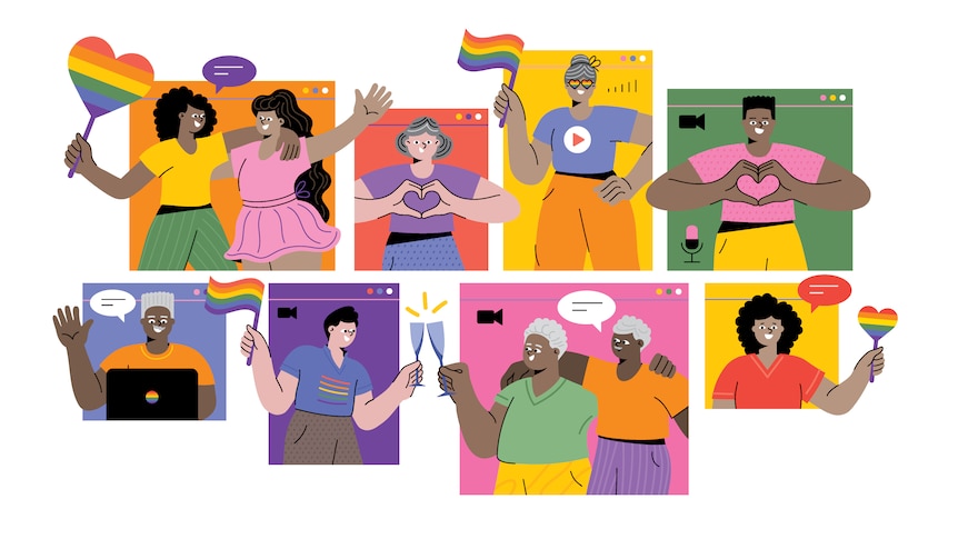 a series of illustrations of LGBTIQ+ people in online app windows waving rainbow flags 