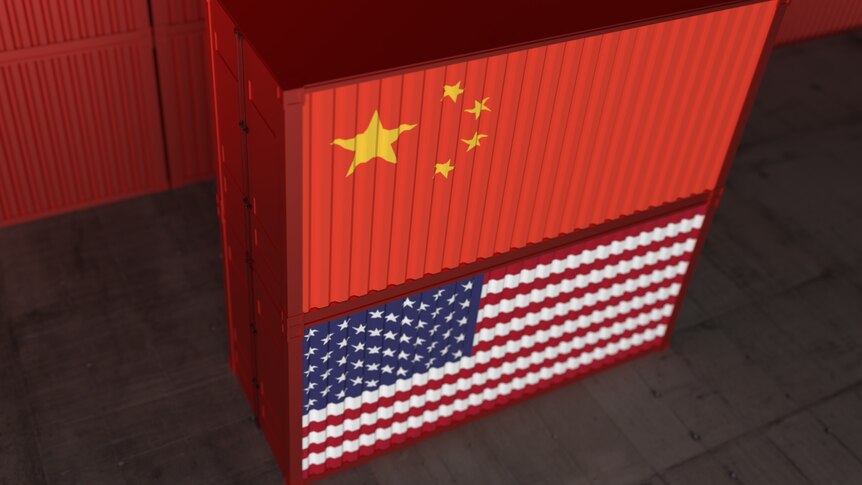 A stylised image of a Chinese flagged export container sitting on a US flagged export container