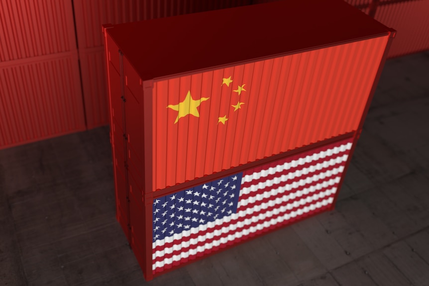 A stylised image of a Chinese flagged export container sitting on a US flagged export container