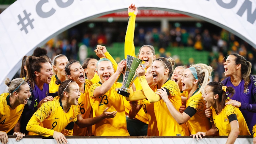 The Matildas win the Cup of Nations with a 3-0 victory over Argentina (Pic: AAP)