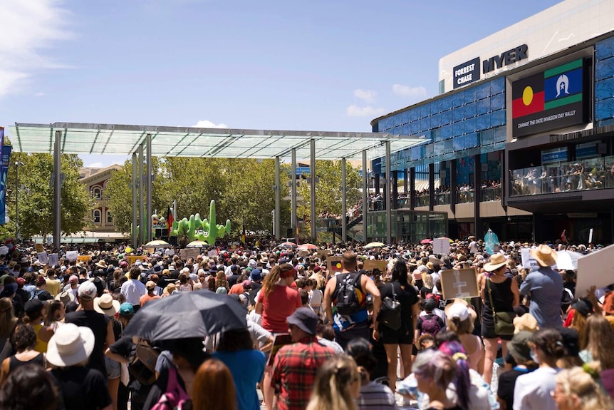 A large crowd gathers at Forrest Place in Perth as part of the Change the Date Invasion Day rally.