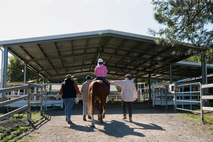 A person rides a horse at the McIntyre Centre, with three people walking alongside