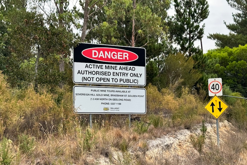 A danger sign in a bushy area.