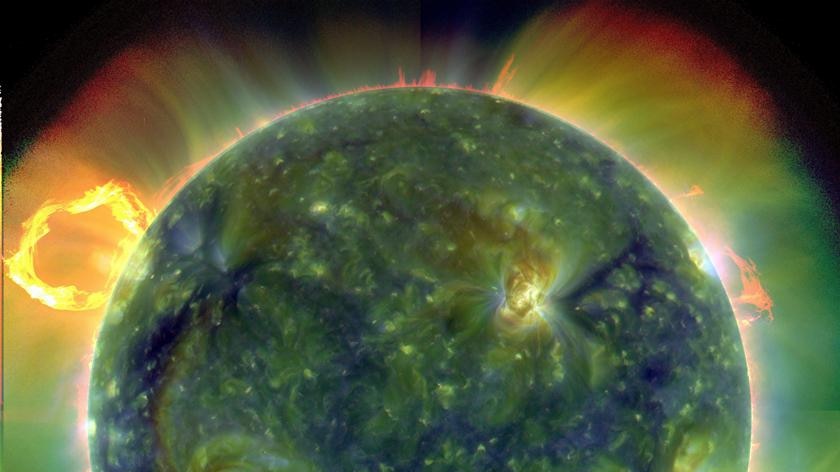 A false-colour image of the Sun taken by the Solar Dynamics Observatory.