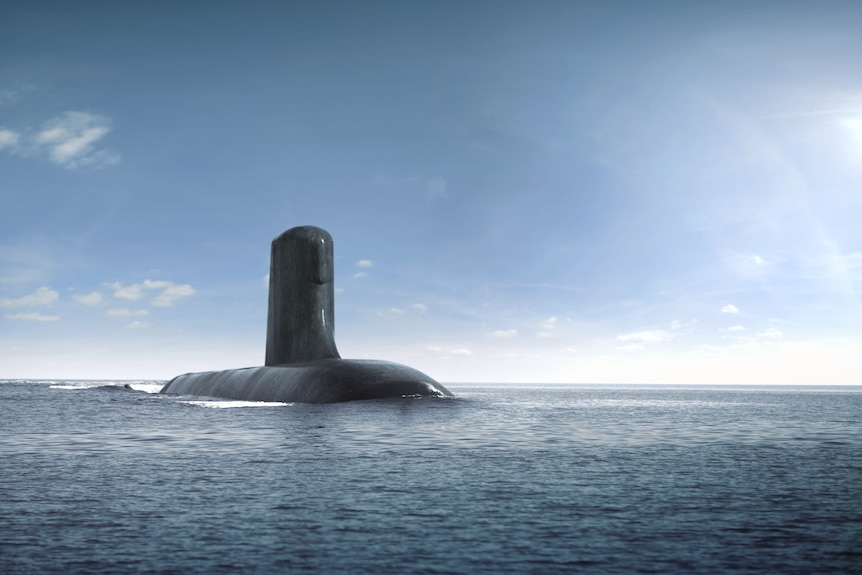A computer generated image of a black submarine coming up out of the water in the ocean