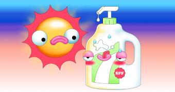 Cartoon showing a sun and bottle of sunscreen.