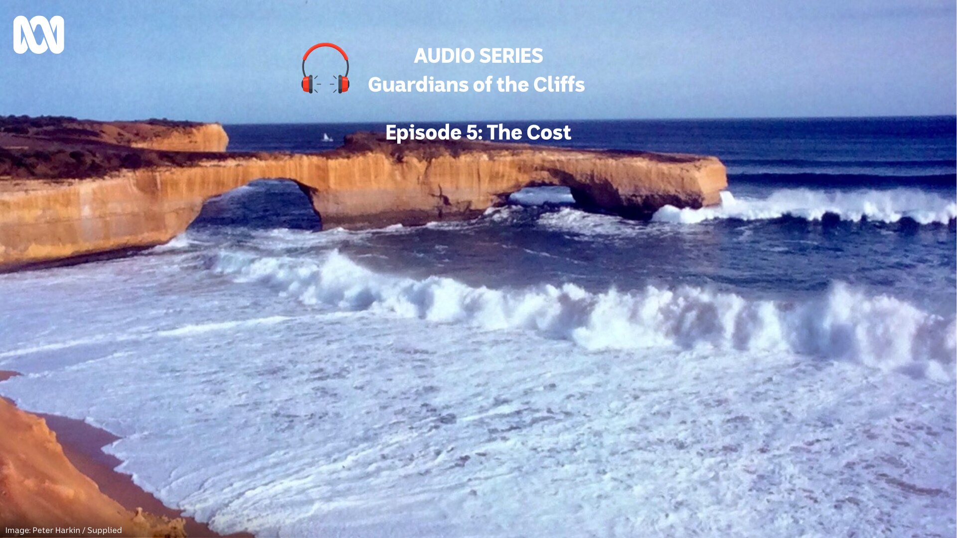 A cliff face jutting out to choppy sea on a sunny day, with the text of the series name and episode