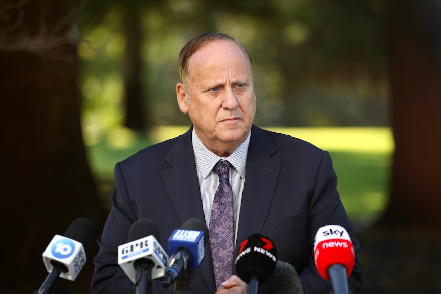 Don Punch wears a suit as he addresses media in an outdoor setting.