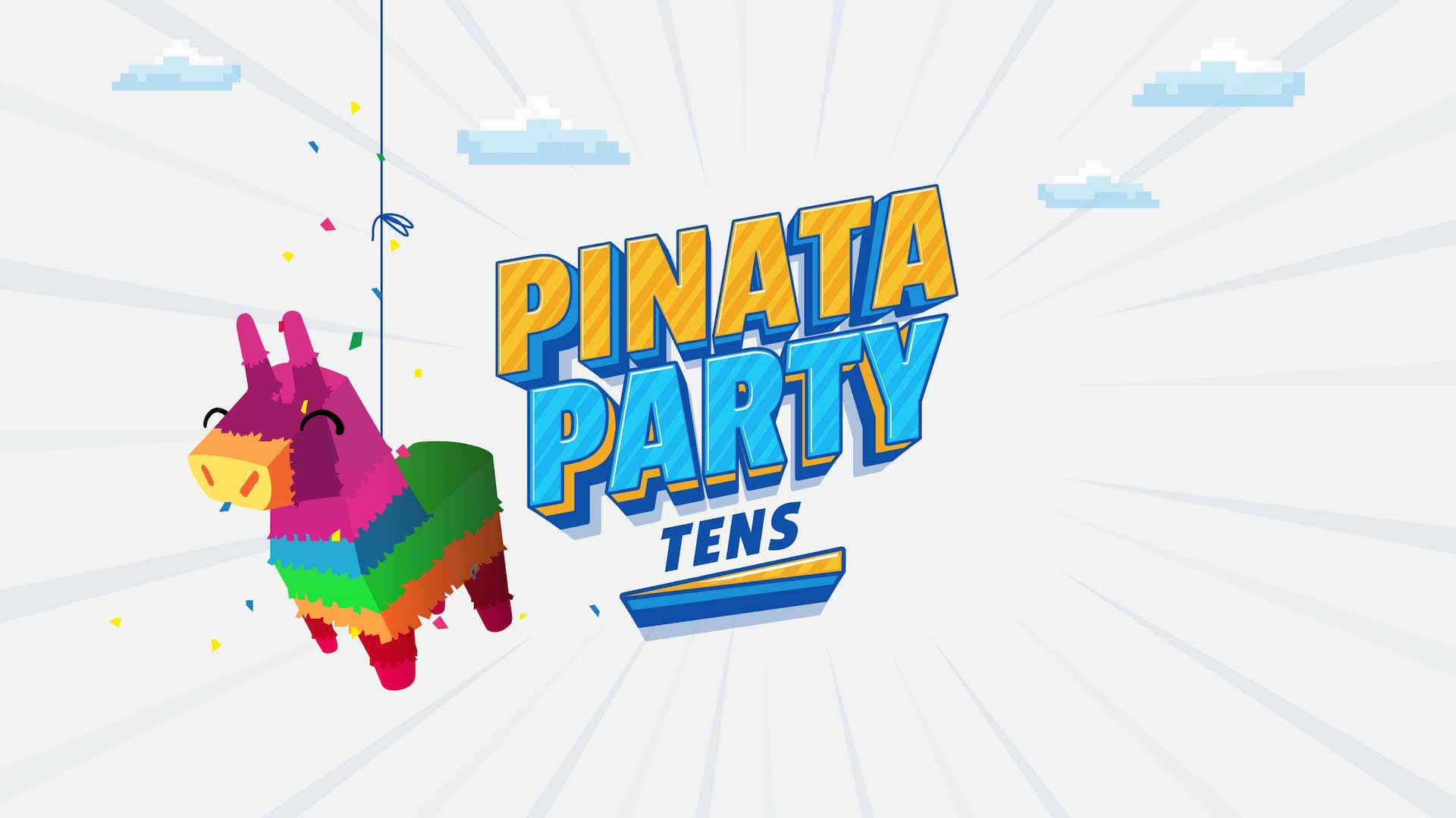 A colourful cartoon pinata. The title reads Pinata Party Tens.