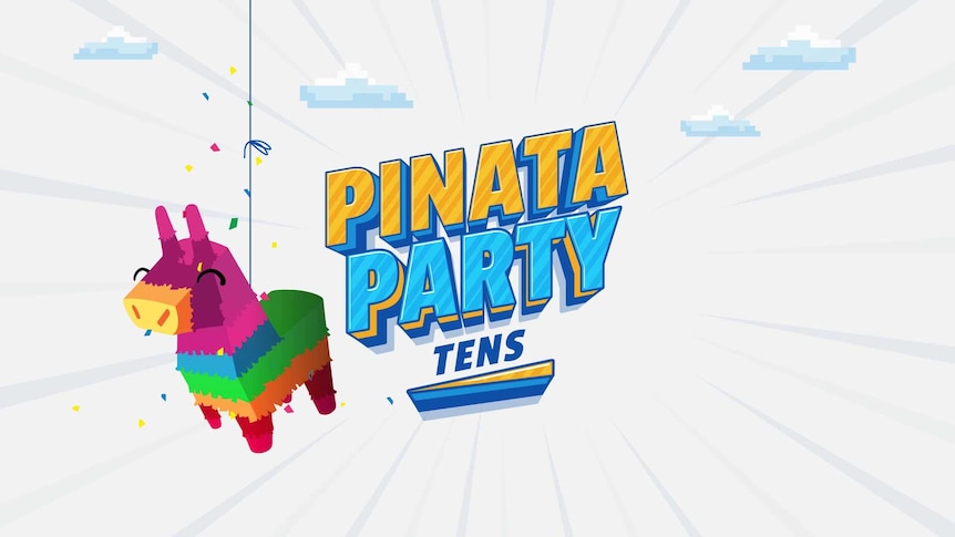A colourful cartoon pinata. The title reads Pinata Party Tens.
