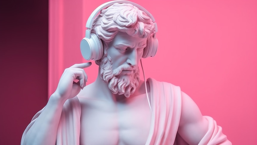 A white ancient greek statue against a pink background, the statue is wearing white headphones and looking thoughtful