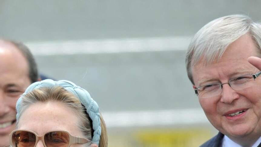 Ms Clinton was welcomed on the tarmac by Kevin Rudd.