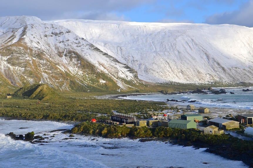 A collection of small shed-like buildings on an island with a snowy mountain behind them