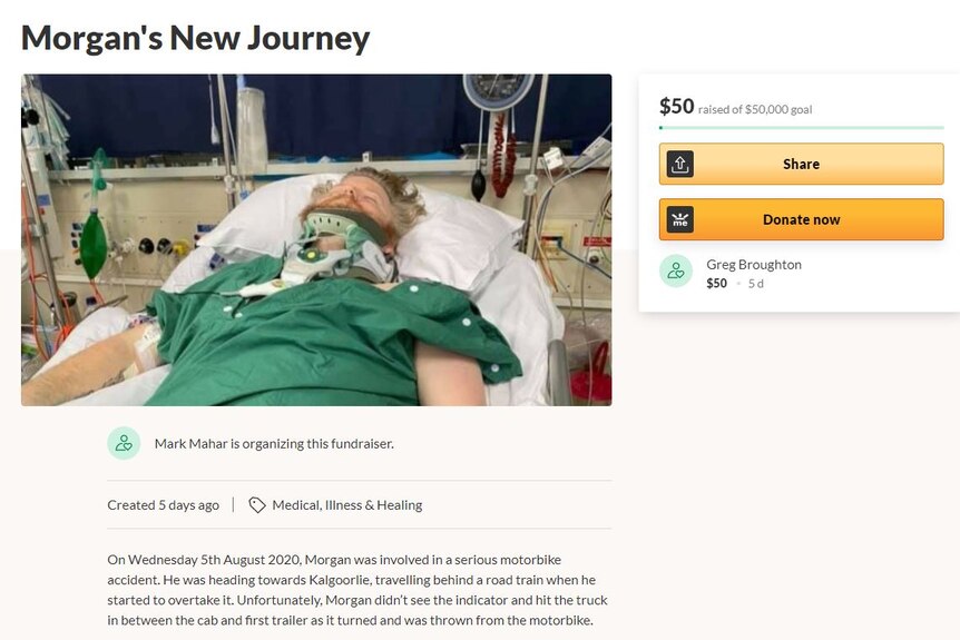 A screen shot of a gofundme page to raise money for a man injured in a motorcycle crash.