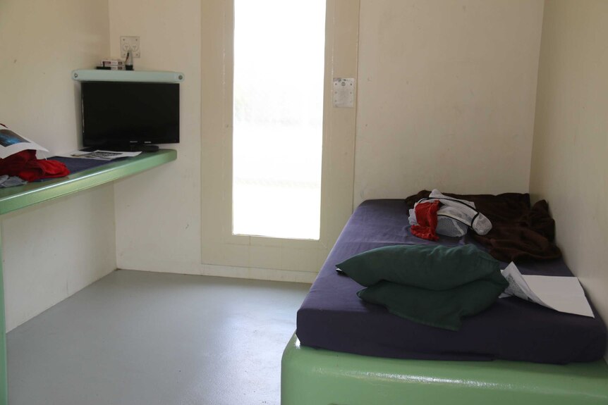 A cell with a mattress on a green-painted concrete slab and a small TV on a shelf.